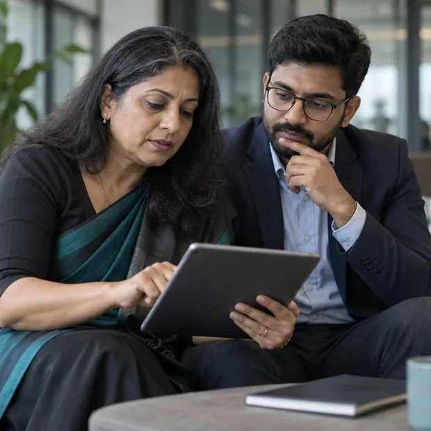 A finance leader approves an agent step on a tablet while a colleague looks on
