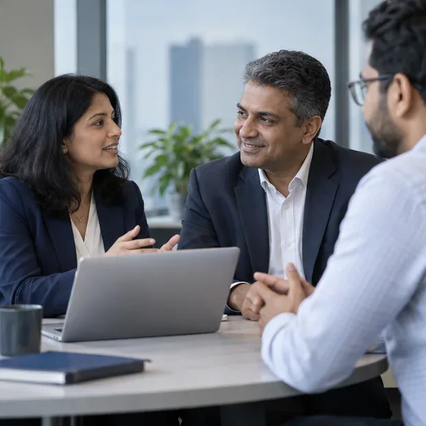Three leaders discuss a modernization plan around a laptop