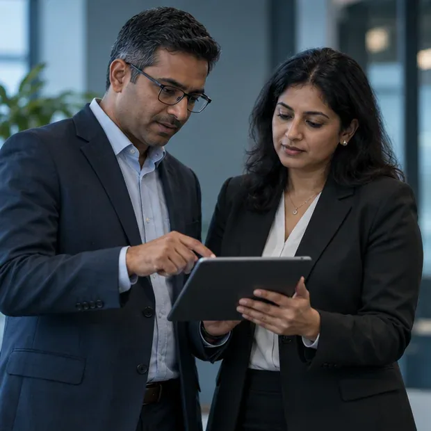Two operations leaders review a workflow on a tablet
