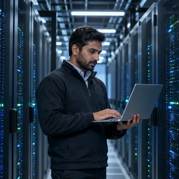 An engineer checks a laptop in a data centre aisle