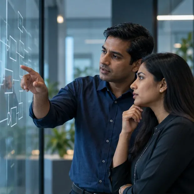 An architect talks a colleague through a system diagram drawn on a glass wall