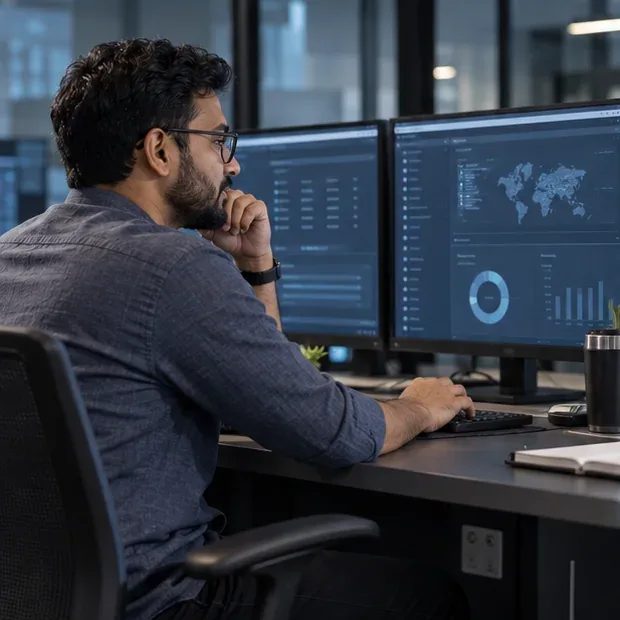 A security analyst watches monitoring dashboards across two screens