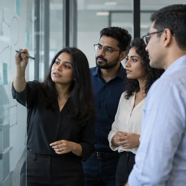 An embedded engineer leads a whiteboard session with a client team
